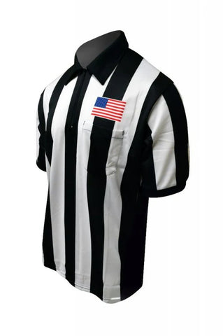 HONIG'S 2.25" STRIPED SHORT SLEEVE FOOTBALL/LACROSSE SHIRT W/SUBLIMATED AMERICAN FLAG ON LEFT CHEST